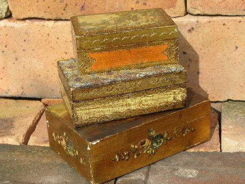 stack of old wood jewelry boxes w/ shabby florentine gold, vintage Italy