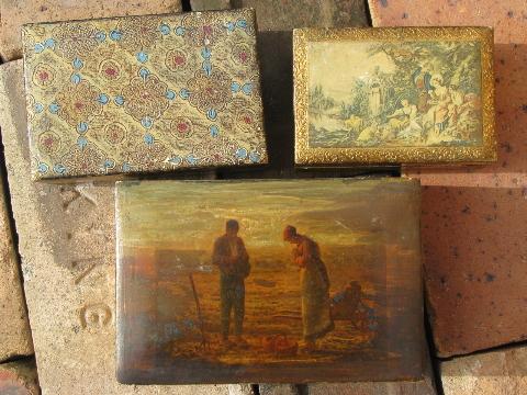 stack of old wood jewelry boxes w/ shabby florentine gold, vintage Italy