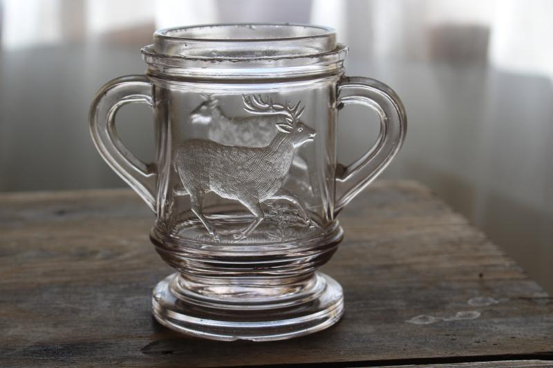 stag deer vintage pressed pattern glass sugar bowl jar, EAPG antique glassware
