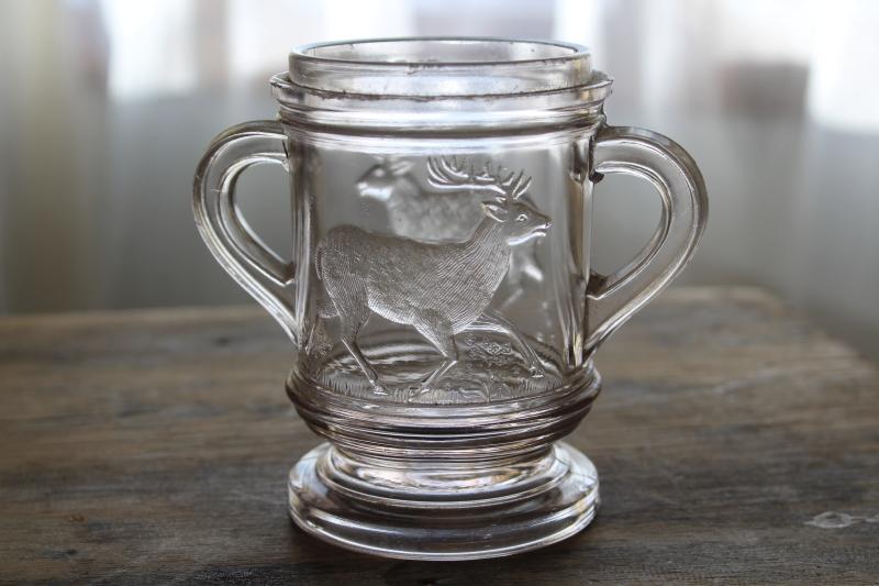 stag deer vintage pressed pattern glass sugar bowl jar, EAPG antique glassware