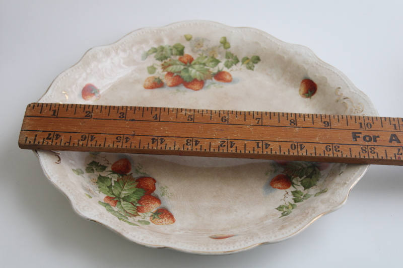 stained browned antique china, big old cake plate w/ strawberries early 1900s vintage