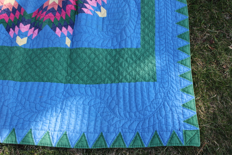 star patchwork quilt jewel colors w/ blue  green, vintage Arch Quilts label hand stitched