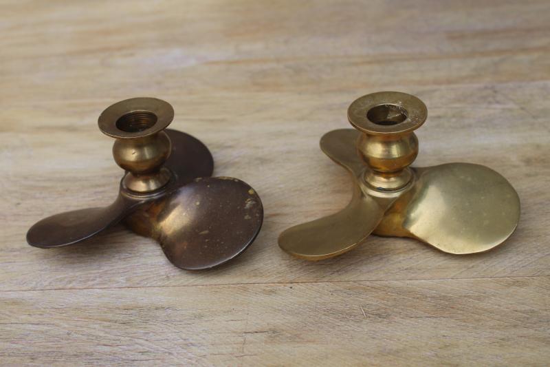 steampunk decor pair of vintage candle holders, solid brass boat propellers