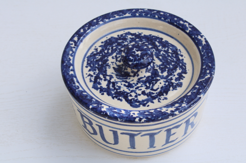 stoneware Butter crock w/ lid, blue sponge ware antique vintage style modern handcrafted pottery