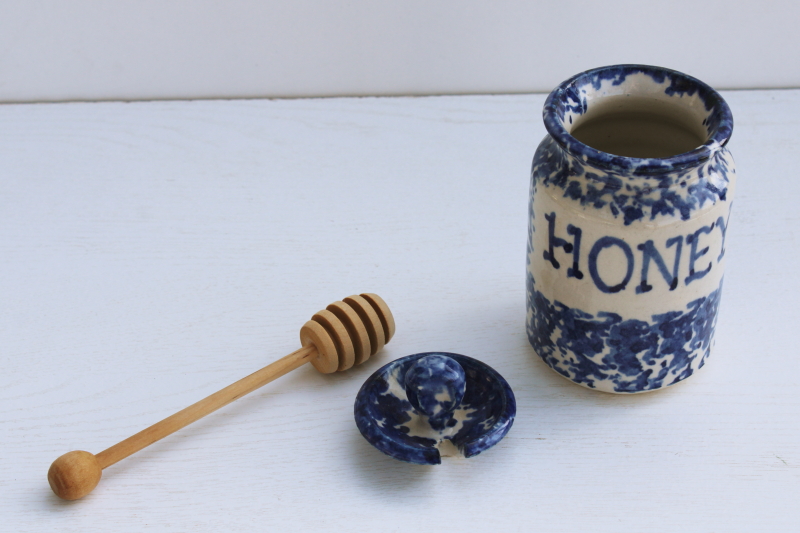 stoneware Honey pot, crock jar w/ lid, blue sponge ware antique vintage style modern handcrafted pottery