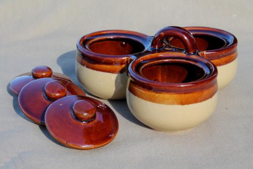 stoneware relish dish w/ trio of condiment jars for ketchup, mustard, pickles