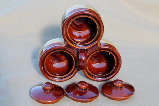 stoneware relish dish w/ trio of condiment jars for ketchup, mustard, pickles