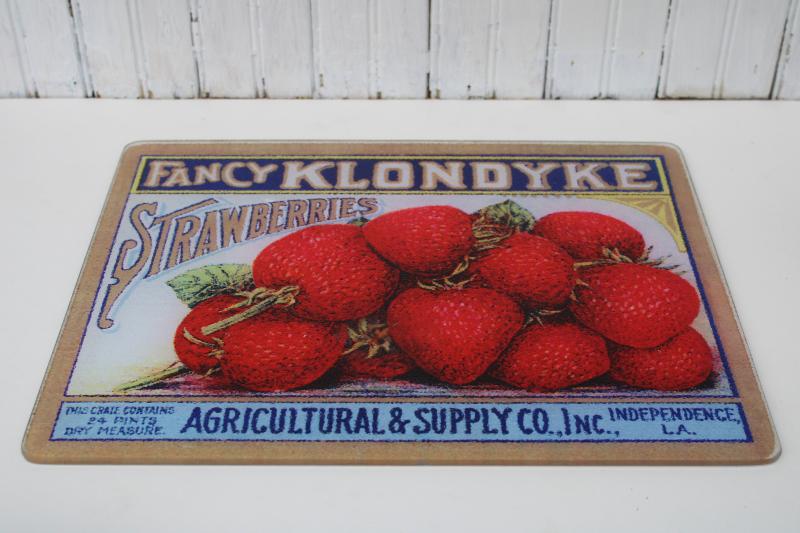strawberries fruit crate label sign art, vintage glass cutting board kitchen counter saver