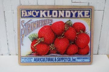 strawberries fruit crate label sign art, vintage glass cutting board kitchen counter saver