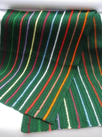 stripes on green handmade crochet yarn throw rug, retro 70s vintage