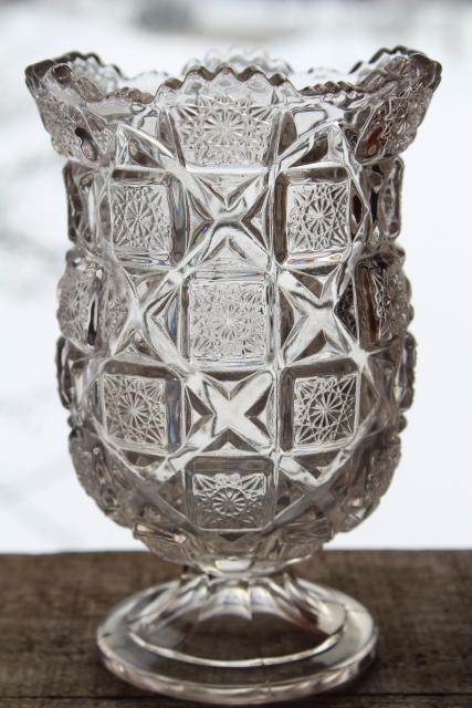 sun purple pressed glass celery vase or spooner spoon holder Old Quilt pattern glass
