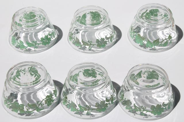 swanky swigs vintage flowered kitchen glass dishes, Libbey glass bowls w/ green flower print