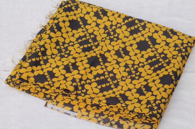swinging 60s 70s vintage brown & gold print poly crepe fabric, mod design