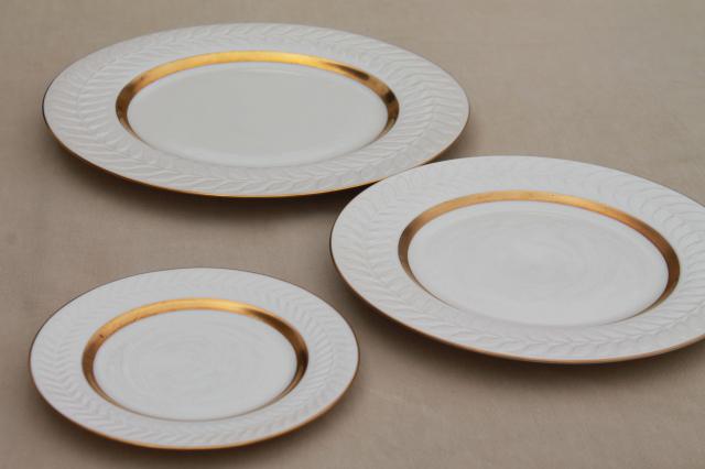 table setting for 12 vintage Embassy embossed laurel ivory gold band china Theo Haviland New York
