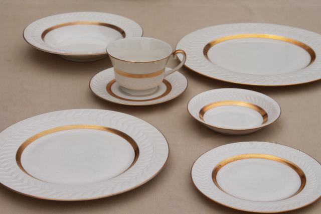 table setting for 12 vintage Embassy embossed laurel ivory gold band china Theo Haviland New York