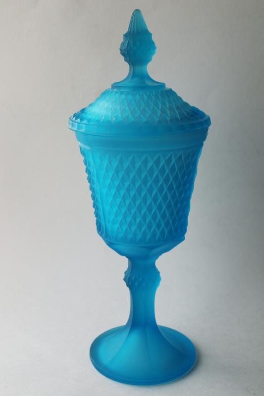 tall apothecary jar candy dish w/ lid, vintage Indiana glass regal blue frosted glass