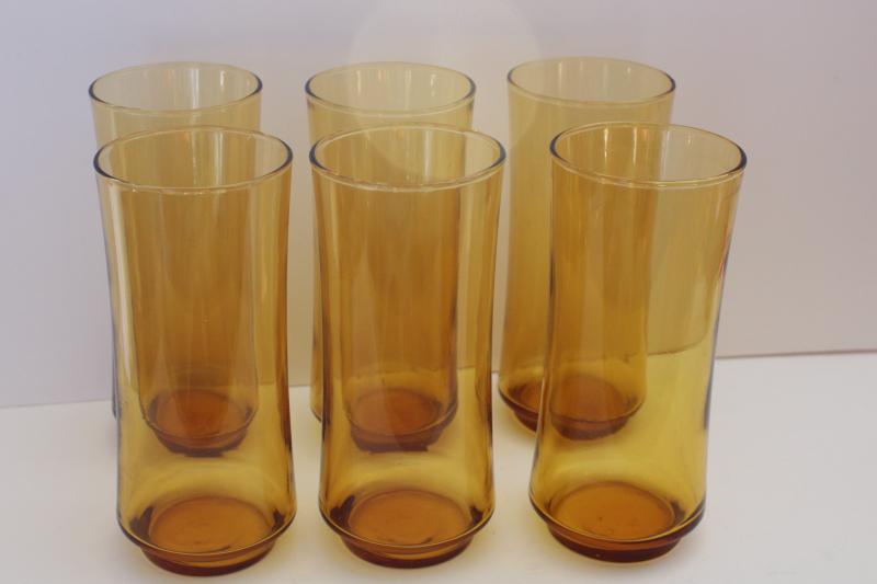 tall cooler glasses, vintage Libbey amber glass tumblers set of six