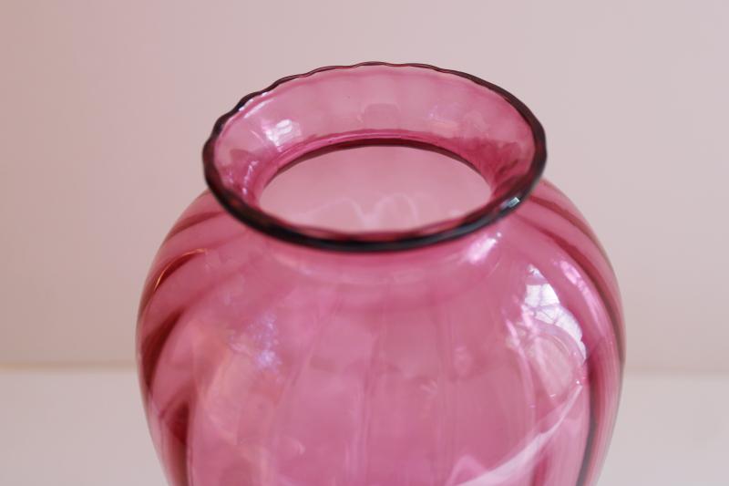 tall hand blown glass vase, vintage cranberry glass rosy red pink color