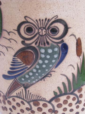 tall hand-painted Tonala Mexican pottery vase w/ owls, vintage Mexico