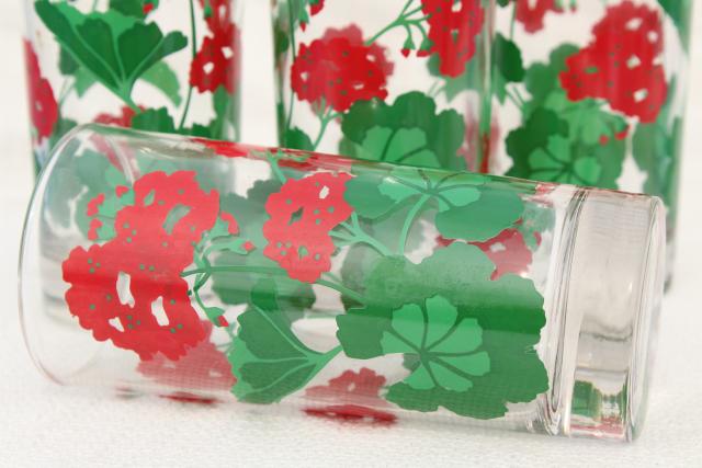 tall iced tea cooler glasses w/ red geraniums, Avon Summer Fantasy glass tumblers