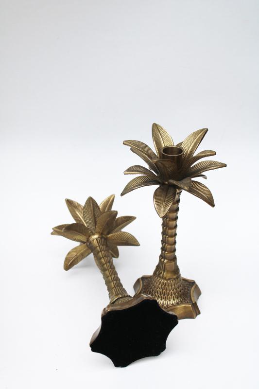 tall palm trees solid brass candlesticks, pair vintage candle holders coastal beach decor