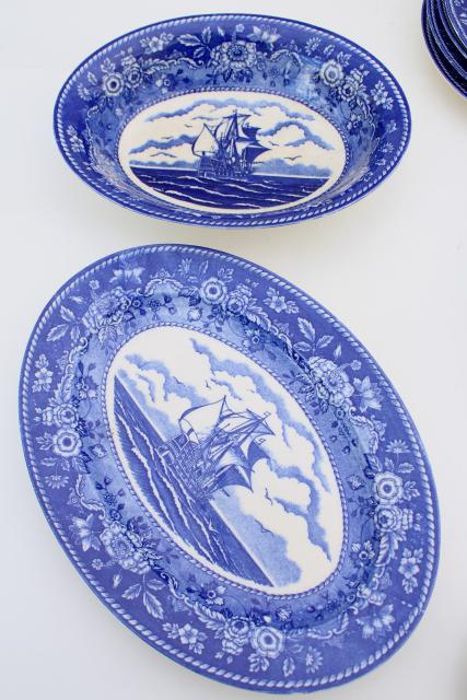 tall ships blue & white china dinnerware set, 40s-50s vintage made in Occupied Japan