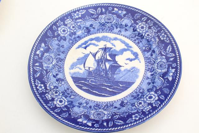 tall ships blue & white china dinnerware set, 40s-50s vintage made in Occupied Japan