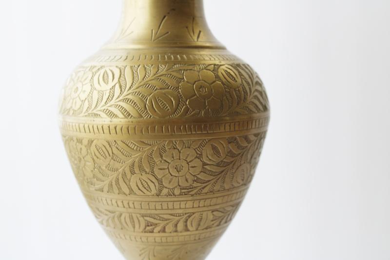 tall vintage solid brass vase engraved or etched paisley floral pomegranates & flowers