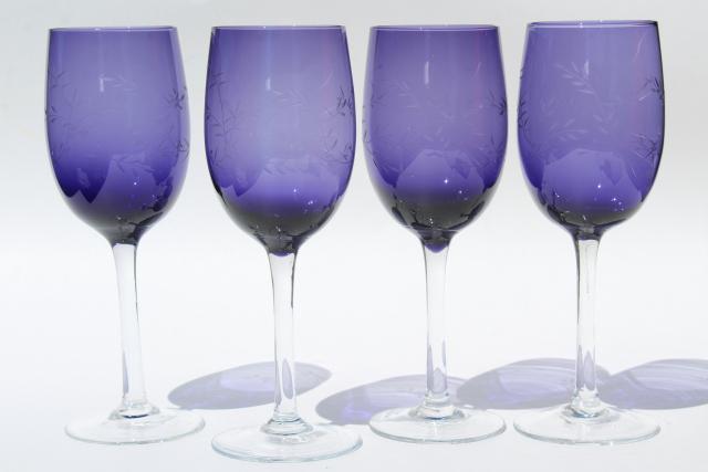 tall water glasses or wine goblets, clear stem violet blue stemware
