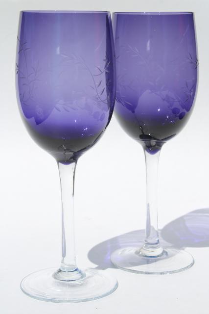 tall water glasses or wine goblets, clear stem violet blue stemware