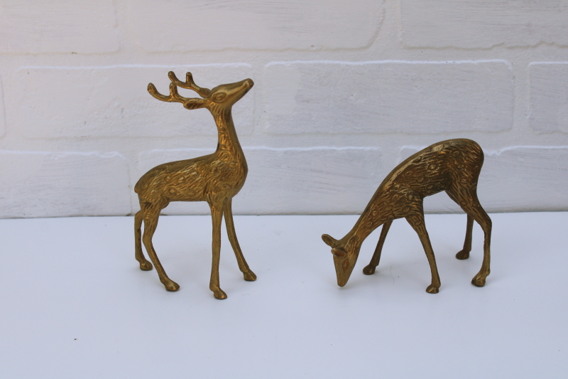 tarnished brass reindeer buck & doe deer, solid brass figurines for Christmas, rustic woodland decor