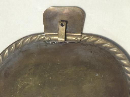 tarnished old brass tray wall sconces, primitive vintage candle sconces