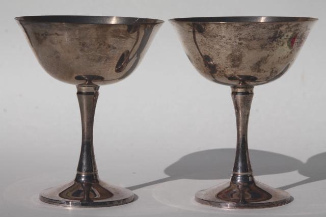 tarnished silver plate champagne coupe glasses, pair of vintage wedding goblets