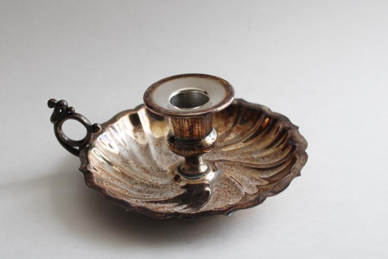 tarnished vintage silver plate candle holder, finger ring chamber candlestick