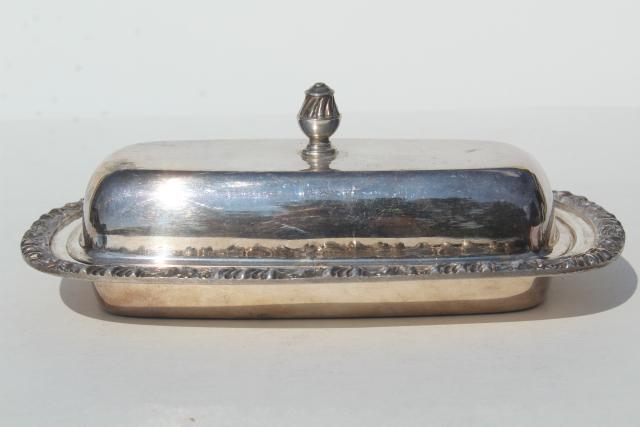 tarnished vintage silver plate covered butter dish w/ removable glass tray