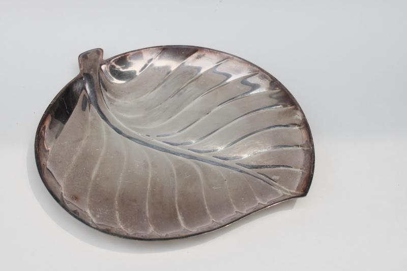 tarnished vintage silver plate, large mod leaf shape tray or trinket dish