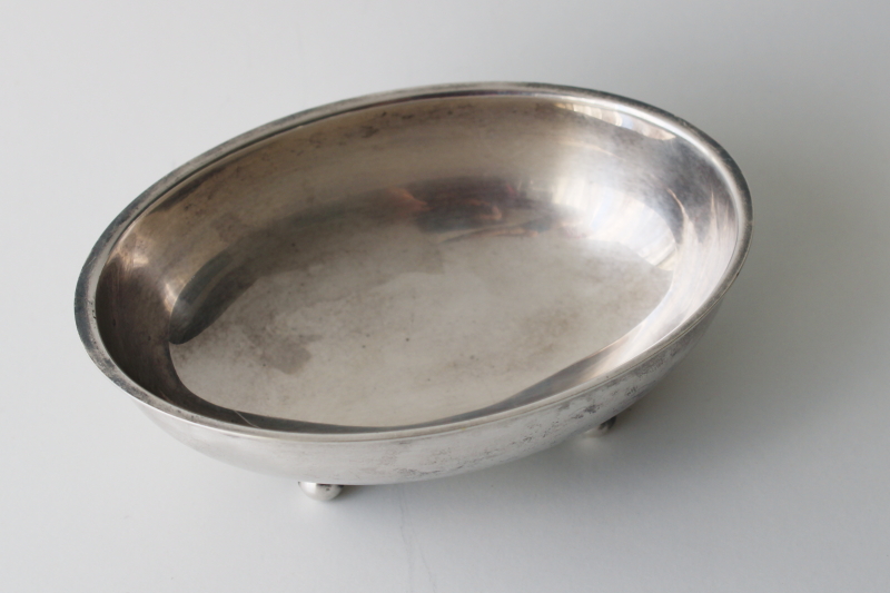 tarnished vintage silver plate soap dish, small oval bowl w/ tiny feet