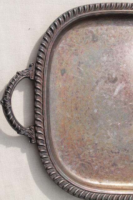 tarnished vintage silver plate waiter's tray, large serving tray w/ handles