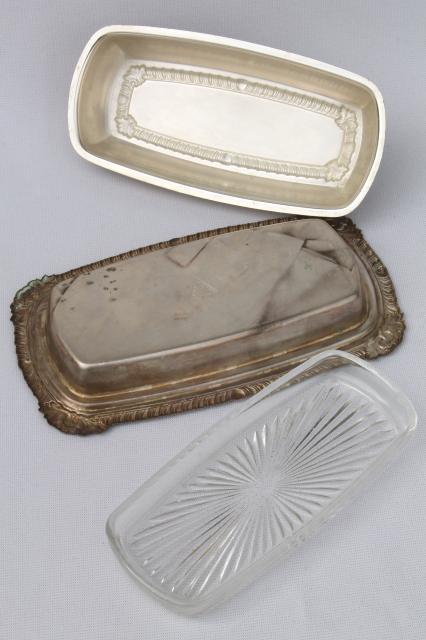 tarnished vintage silver, silverplate on copper butter dish, glass plate & cover