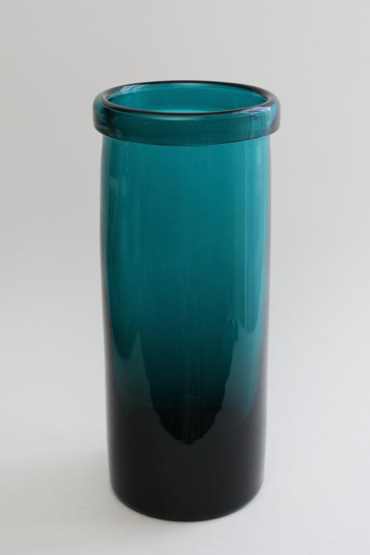 teal blue hand blown glass vase, vintage floor vase jar for large heavy flower arrangements