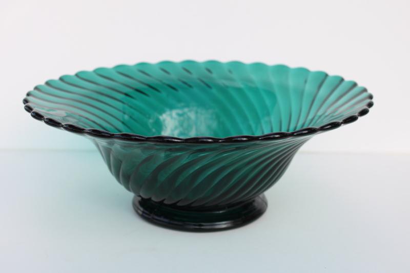teal green depression glass, Jeannette ultramarine swirl bowl 1940s vintage