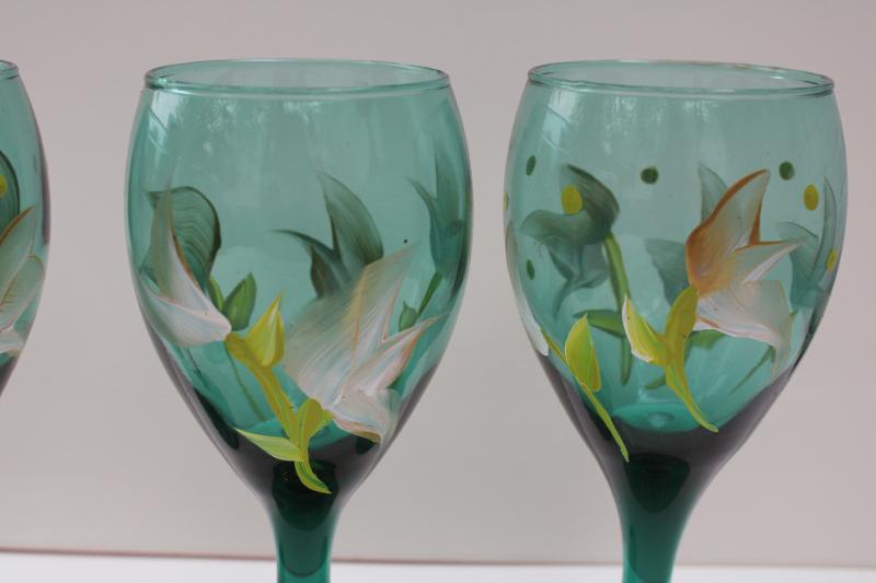 teal green glass wine glasses w/ hand painted flowers in white & chartreuse