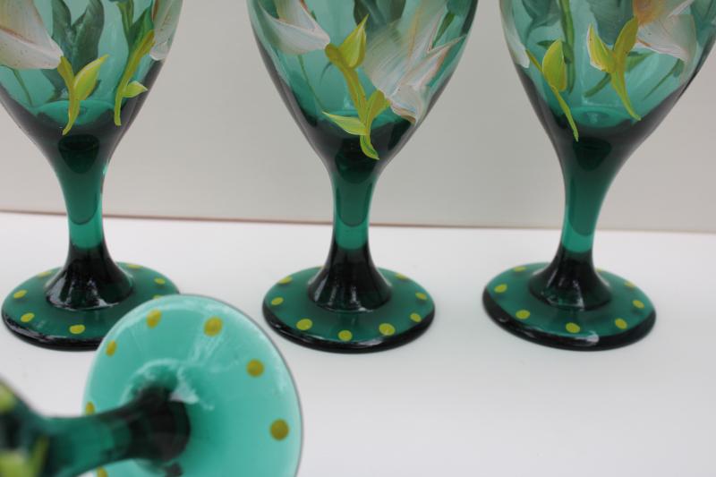 teal green glass wine glasses w/ hand painted flowers in white & chartreuse