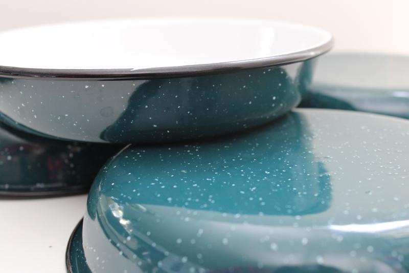 teal & white spatter enamelware dishes, camp cooking pan shape plates or bowls