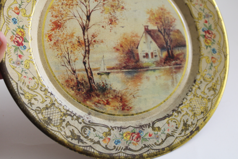 thatched cottage picture, vintage Daher Decorated Ware tin tray wall hanging