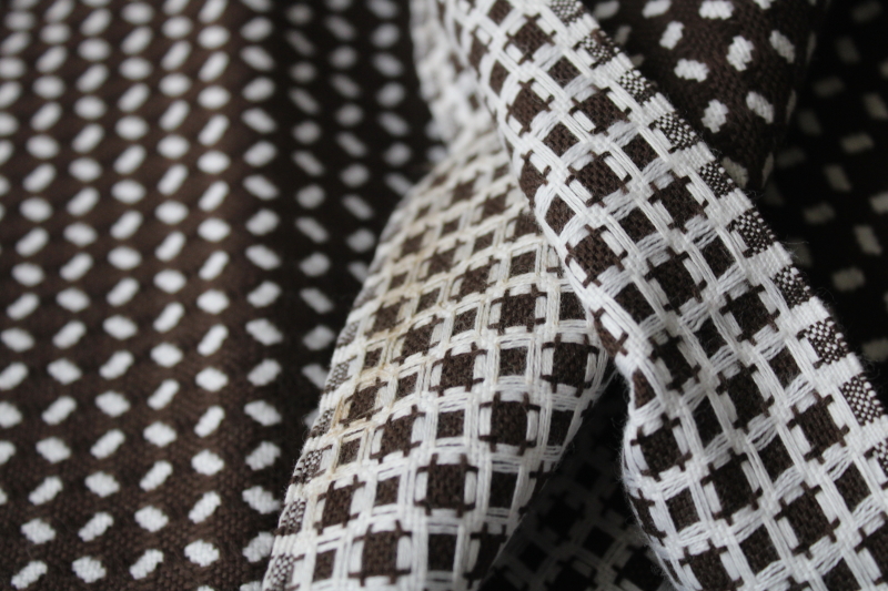 thick cotton fabric, firm weave w/ woven pattern dark chocolate w/ white 70s vintage
