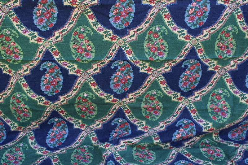 thick linen weave cotton fabric, paisley tiles print blue  green decorator material