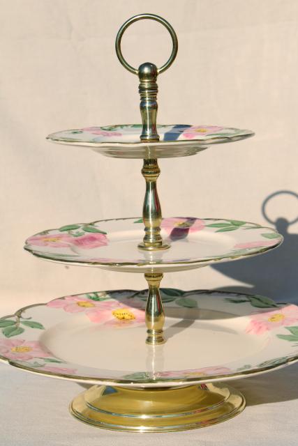 three tier cake plate, tiered serving tray vintage Franciscan Desert Rose pattern