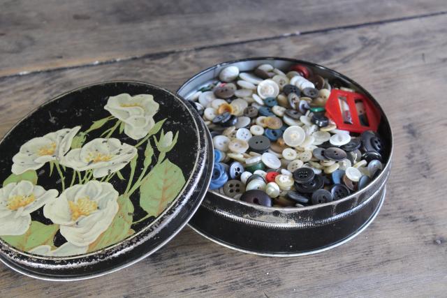 tin of vintage buttons, many shirt buttons & pearl buttons 30s 40s 50s 60s