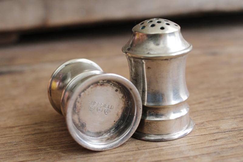 tiny antique silver plate salt and pepper shakers, S&P marked P&B Sheffield